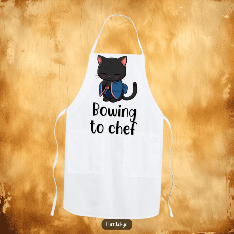 Funny apron showcasing a black cat in a deep blue kimono bowing gracefully, perfect for elegant kitchen duties.