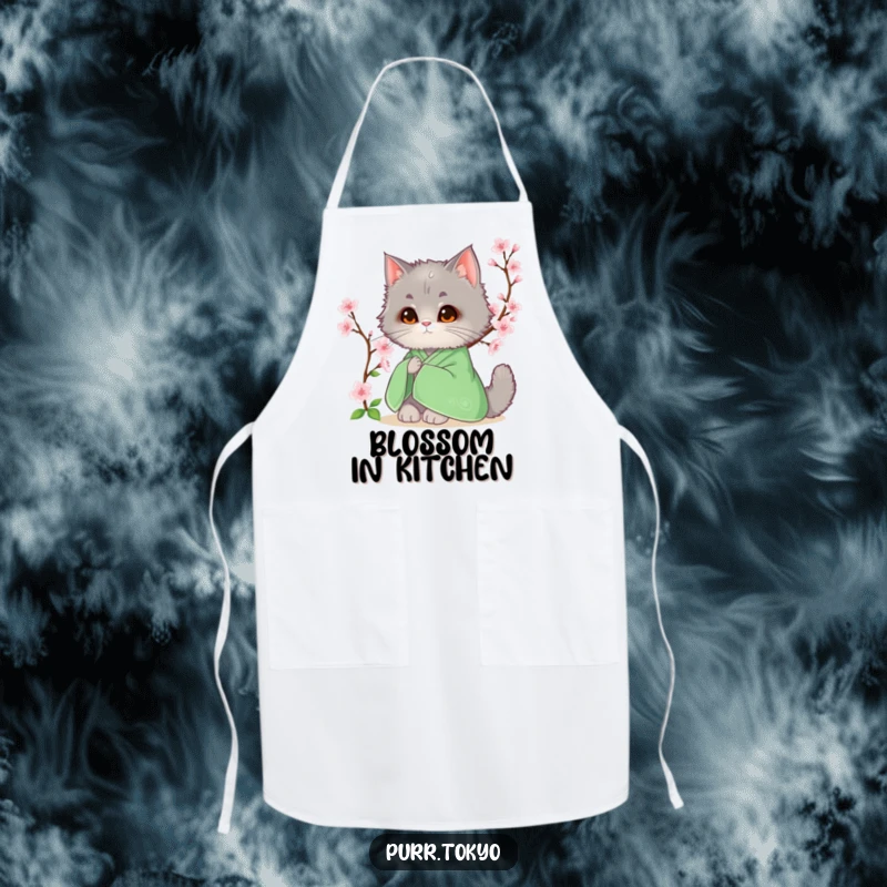 Funny apron showcasing a fluffy grey cat in a green kimono sitting peacefully beside a blooming cherry blossom.