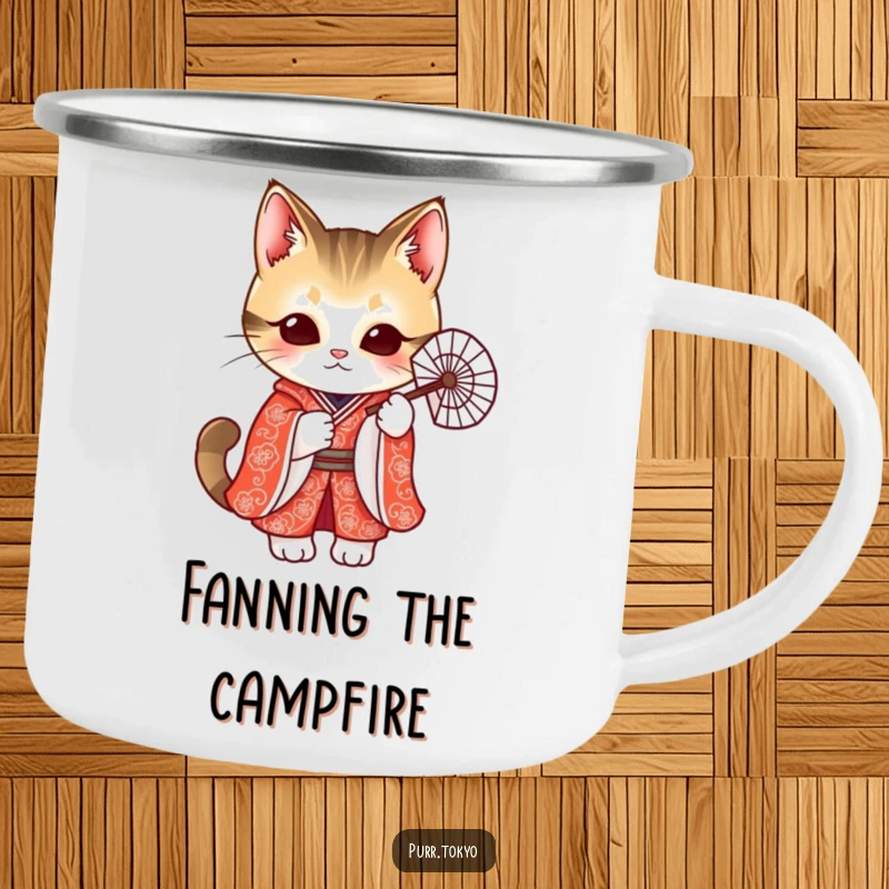 Funny camping mug of a cute cat in a red kimono holding a delicate fan, ideal for outdoor elegance.