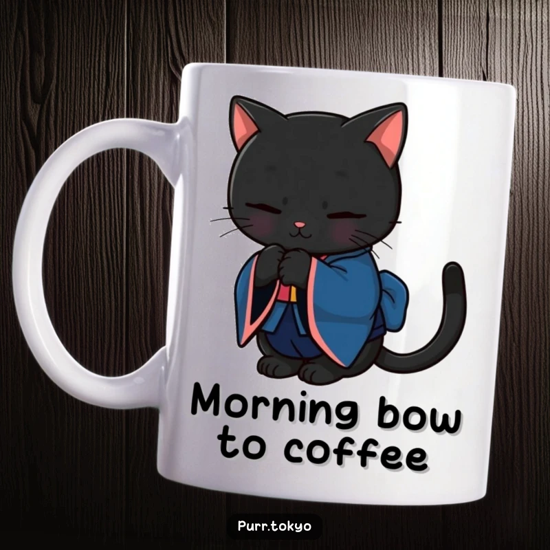 Funny mug showing a black cat in a deep blue kimono bowing gracefully, conveying politeness and feline sophistication.