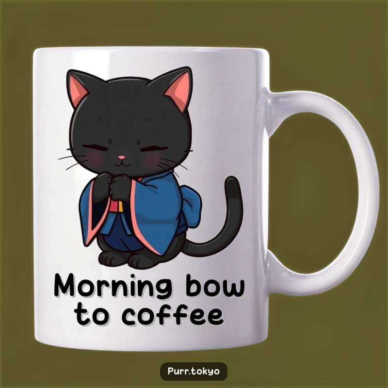 Funny Black Cat Bowing Mug - Graceful Feline Gift, Unique Japanese Style Coffee Mug