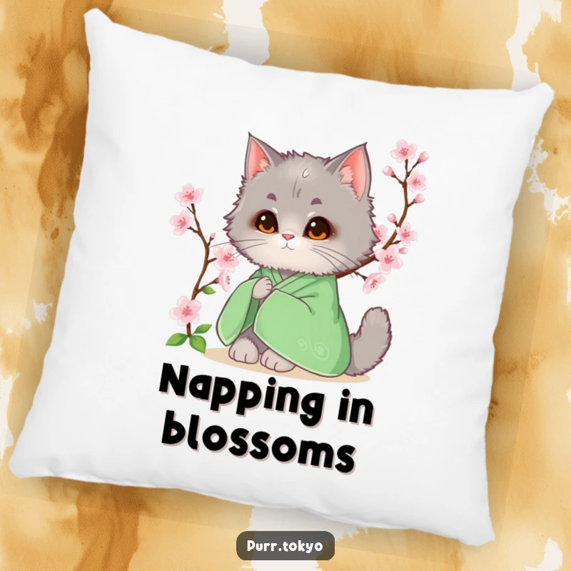 Funny pillow featuring a fluffy grey cat in a green kimono resting beside a blooming cherry blossom, bringing softness and peace.