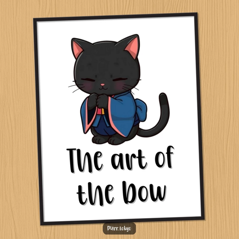 Funny digital art print of a black cat in a deep blue kimono bowing gracefully, symbolizing politeness and Japanese aesthetics.