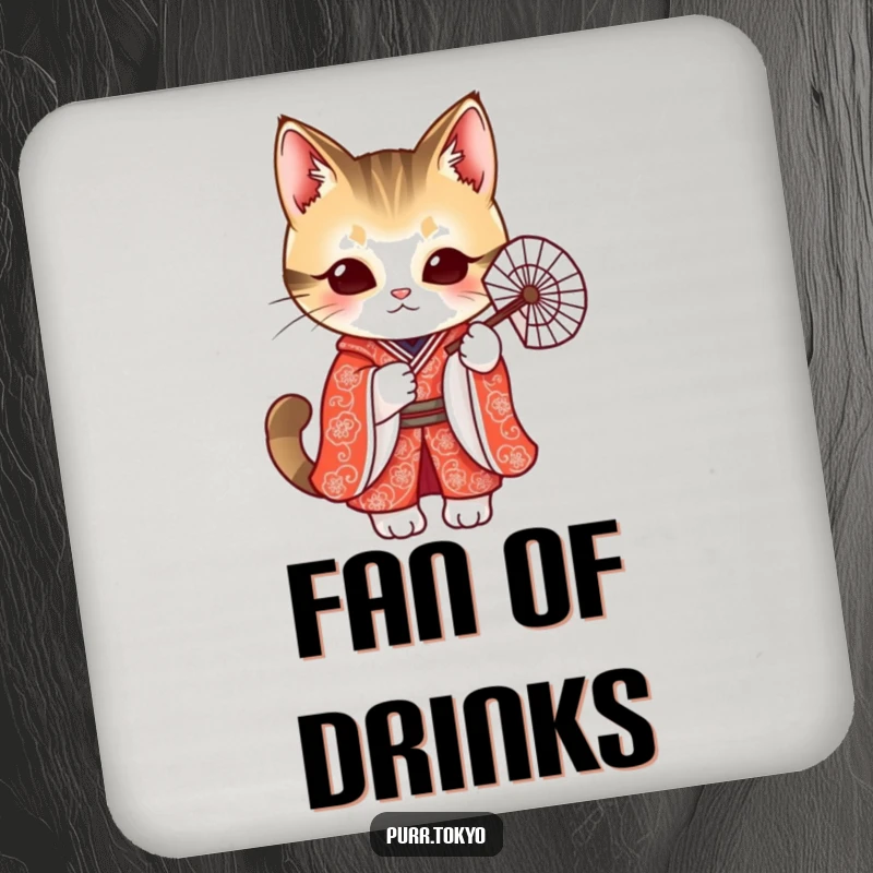 Funny coaster featuring a cute cat in a red kimono holding a delicate fan, adding elegance to any surface.