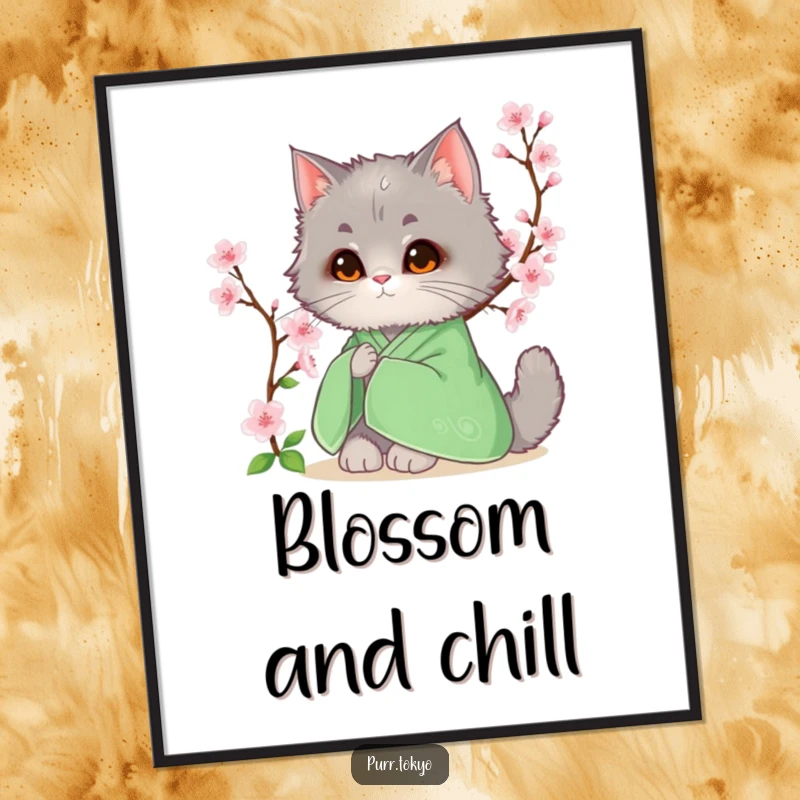 Funny poster art of a fluffy grey cat in a green kimono sitting peacefully beside a delicate cherry blossom.