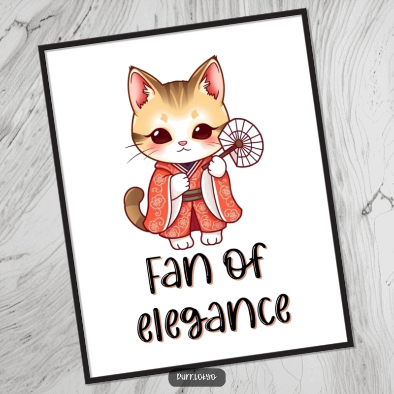 Funny poster art of a cute cat in a red kimono holding a delicate fan, exuding Japanese aesthetic and playful elegance.
