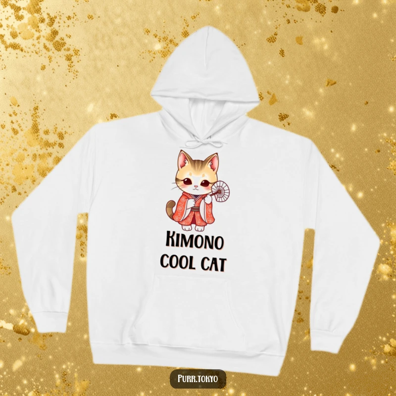 Funny hoodie showcasing a cute cat in a red kimono holding a delicate fan, blending cozy warmth with Japanese elegance.