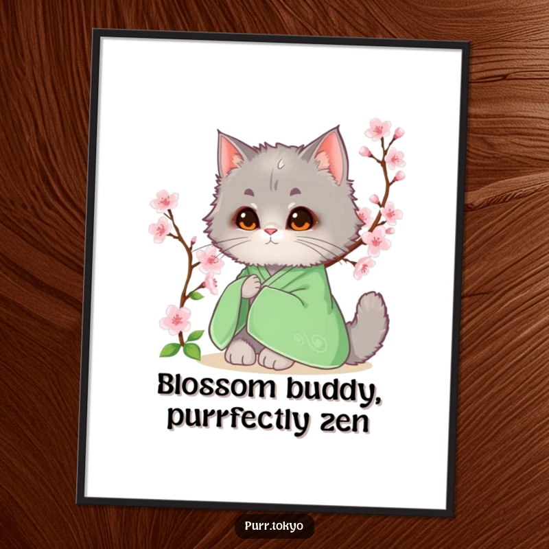 Funny Free Printable Wall Art: A fluffy grey cat in a green kimono sits beside blooming cherry blossoms, serene decor.