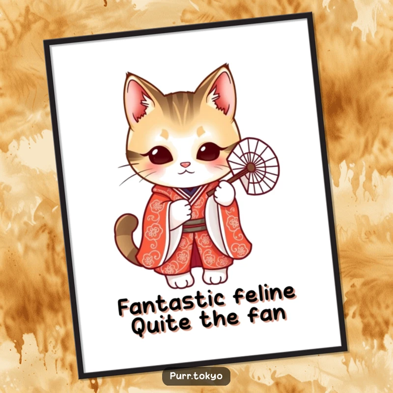 Funny Free Printable Wall Art: A cute cat in a vibrant red kimono holding a delicate fan, stylish decor.