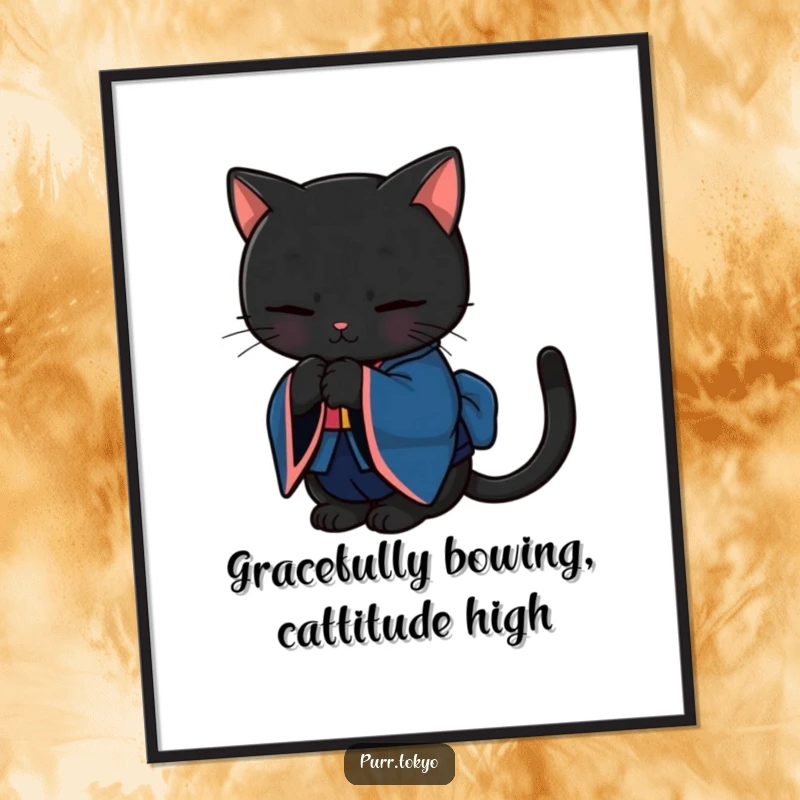 Funny Free Printable Wall Art: A black cat in a deep blue kimono bows gracefully, elegant downloadable decor.