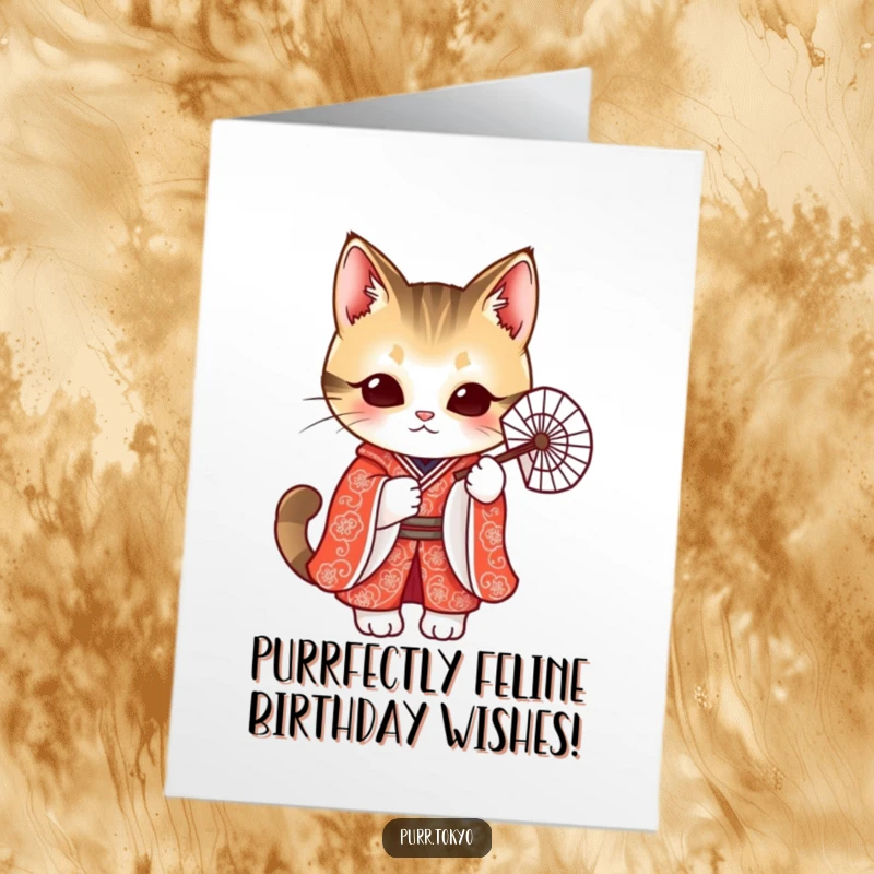 Funny Free Printable Birthday Card: A cute cat dons a red kimono, holding a fan, perfect for gifting.