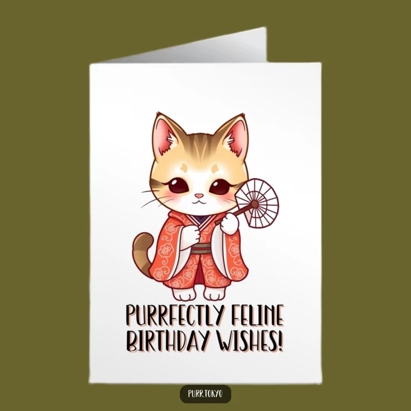 Free Printable Birthday Card: Cat in Kimono Festive Fun Funny Downloadable Gift