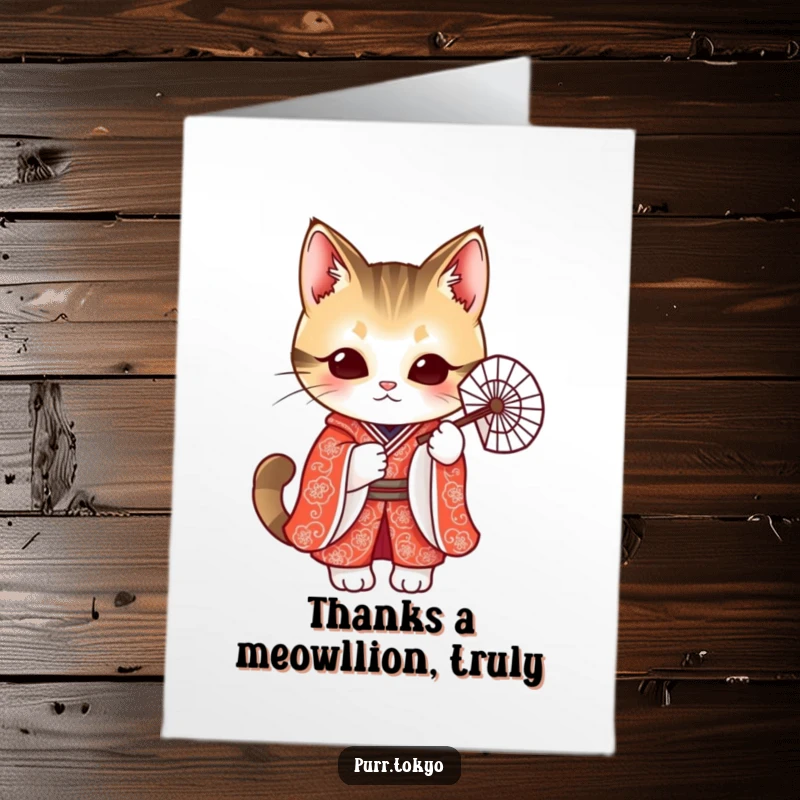 Funny Free Printable Thank You Card: A cute cat in a patterned kimono holding a fan, a chic DIY gift.