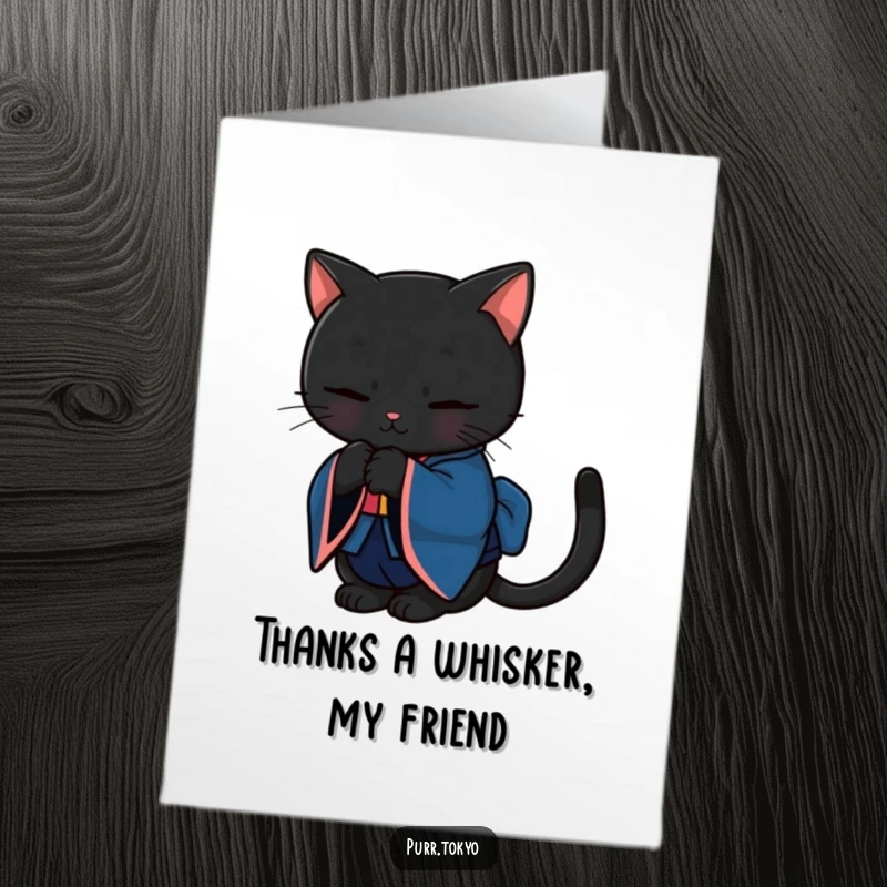 Funny Free Printable Thank You Card: A black cat in a blue kimono bows gracefully, a sophisticated DIY gift.