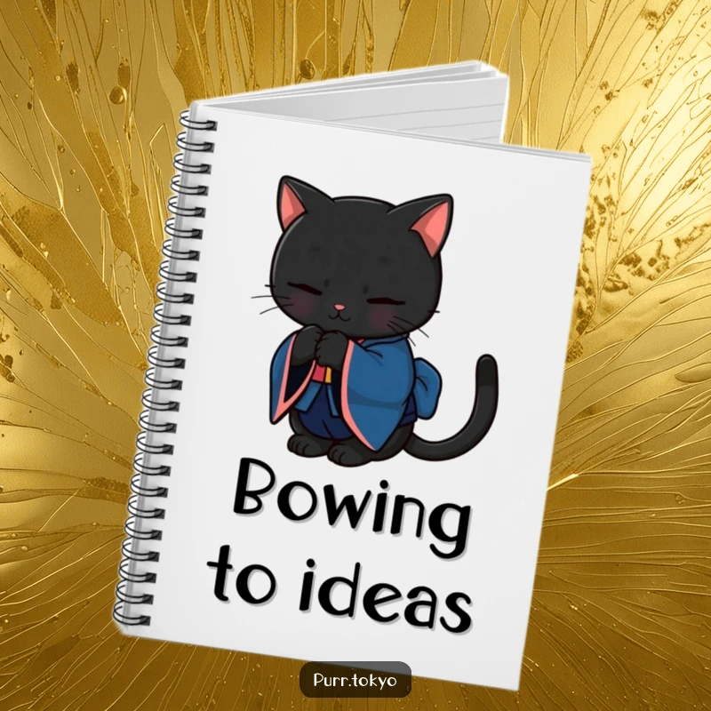 Funny notebook with a black cat in a deep blue kimono bowing gracefully, designed for elegant note-taking.