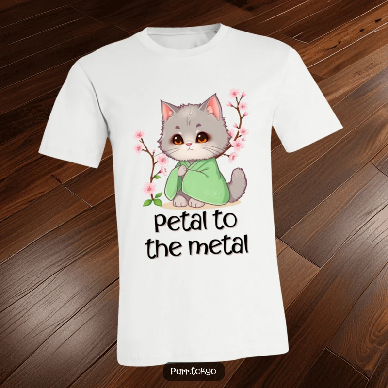 Funny t-shirt with a fluffy grey cat in a green kimono sitting next to a beautifully blooming cherry blossom.