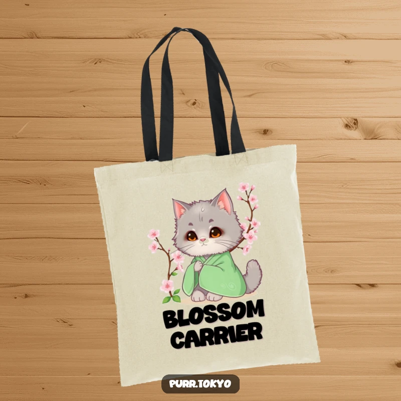 Funny tote bag with a fluffy grey cat in a green kimono sitting near a vibrant cherry blossom, perfect for spring outings.